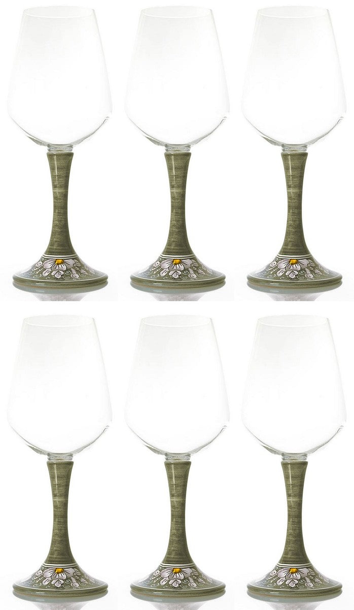 Luxus Weinglas 6er Set Olivgrün / Mehrfarbig H. 23,5 cm - Handgefertigte & handbemalte Weingläser - Hotel & Restaurant Accessoires - Luxus Qualität - Made in Italy