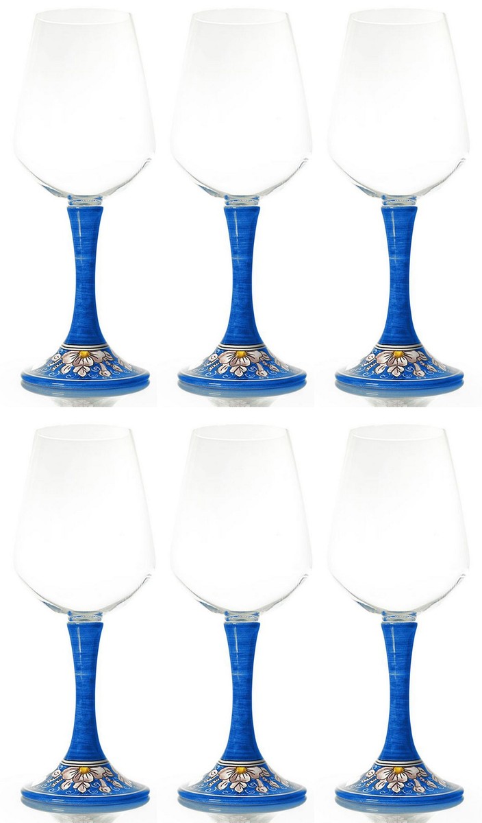 Luxus Weinglas 6er Set Blau / Mehrfarbig H. 23,5 cm - Handgefertigte & handbemalte Weingläser - Hotel & Restaurant Accessoires - Luxus Qualität - Made in Italy