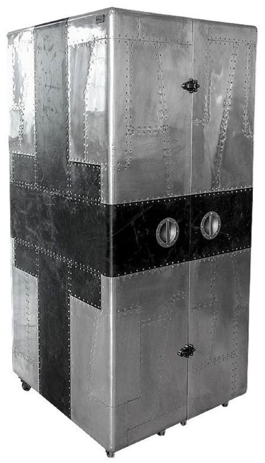 Luxus Weinschrank im Koffer Design Silber / Schwarz 86 x 80 x H. 177 cm - Aluminium Barschrank - Kofferschrank - Flugzeug Möbel - Flieger Möbel - Aluminium Möbel - Luxus Bar Möbel