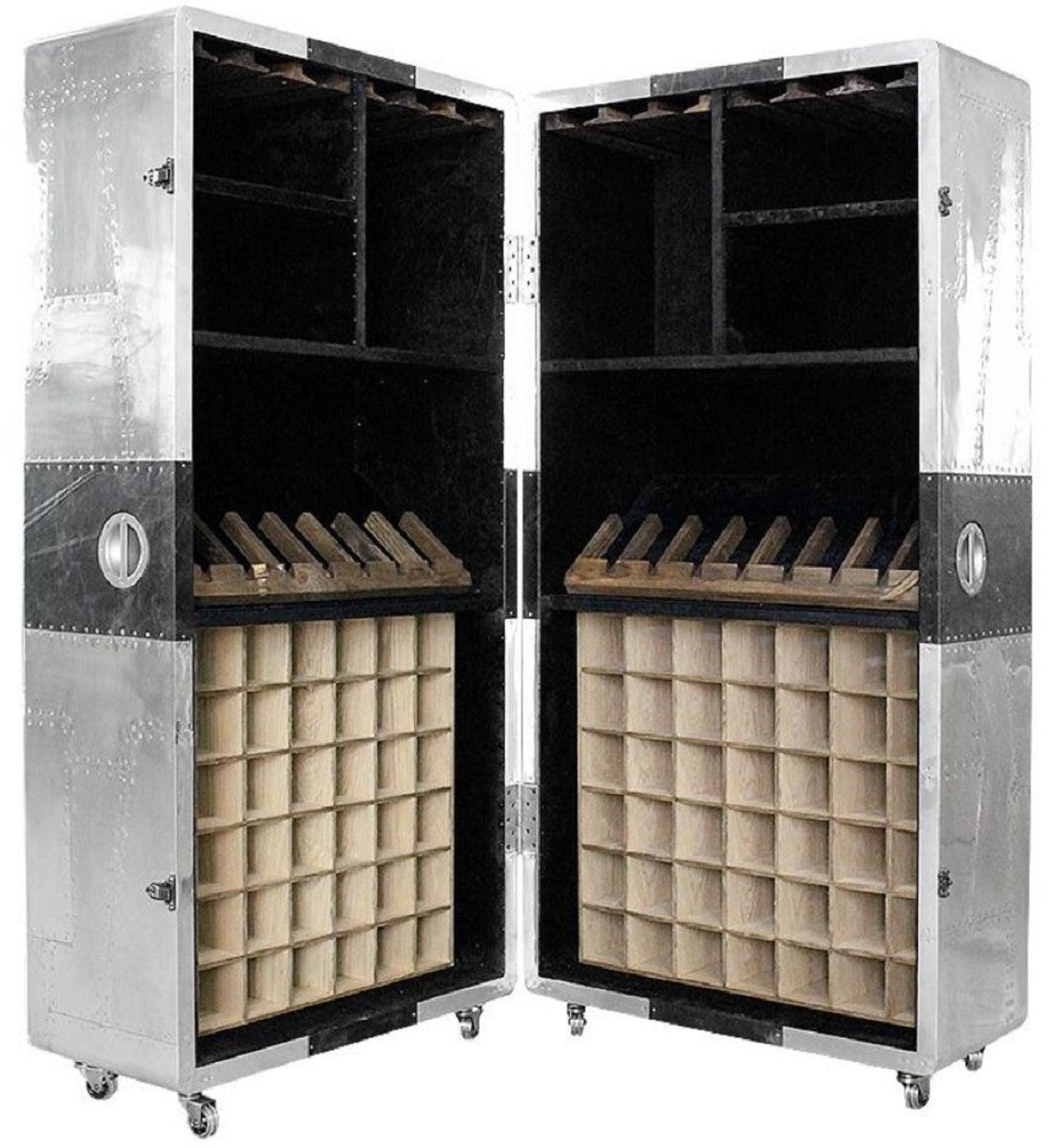 Luxus Weinschrank im Koffer Design Silber / Schwarz 86 x 80 x H. 177 cm - Aluminium Barschrank - Kofferschrank - Flugzeug Möbel - Flieger Möbel - Aluminium Möbel - Luxus Bar Möbel