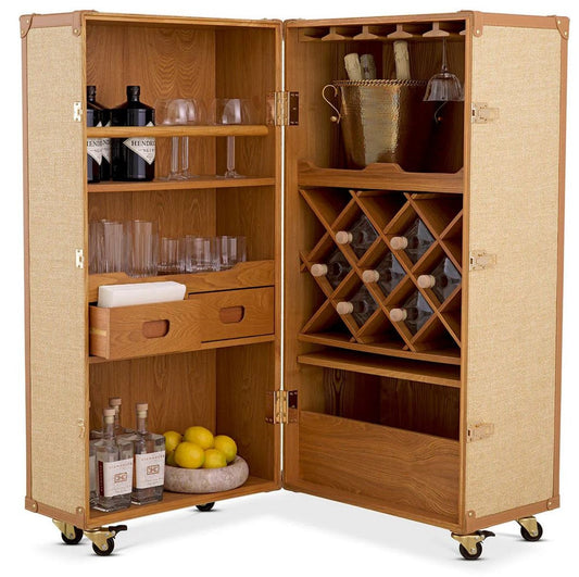 Luxus Weinschrank im Koffer Design Naturfarben / Braun 59 x 59 x H. 122,5 cm - Kofferschrank mit Rollen - Bar Möbel - Luxus Möbel - Luxus Qualität