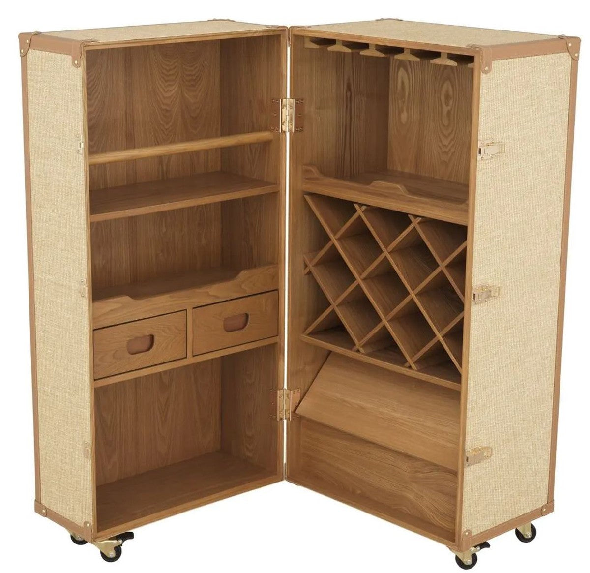 Luxus Weinschrank im Koffer Design Naturfarben / Braun 59 x 59 x H. 122,5 cm - Kofferschrank mit Rollen - Bar Möbel - Luxus Möbel - Luxus Qualität