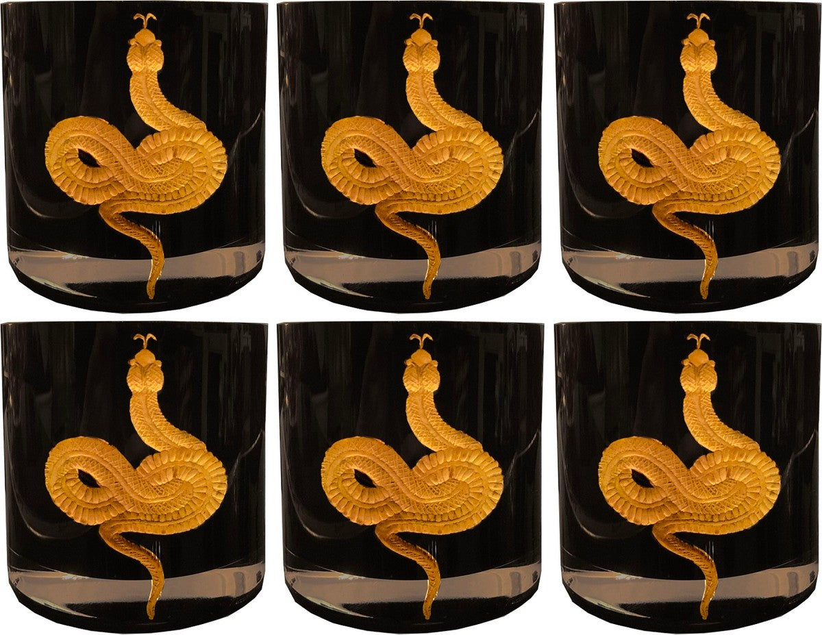 Luxus Whisky Glas 6er Set Schlange Schwarz / Gold Ø 8 x H. 9 cm - Handgefertigte und handgravierte Whiskygläser- 24K Vergoldung - Luxus Qualität