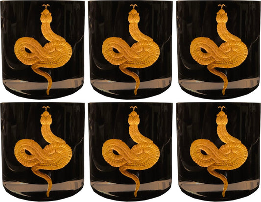 Luxus Whisky Glas 6er Set Schlange Schwarz / Gold Ø 8 x H. 9 cm - Handgefertigte und handgravierte Whiskygläser- 24K Vergoldung - Luxus Qualität