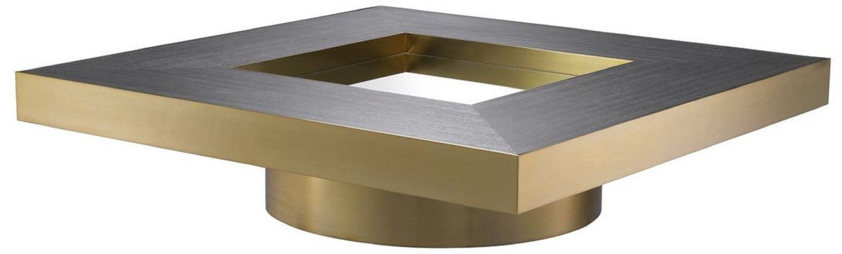 Luxus Wohnzimmer Couchtisch Anthrazitgrau / Messingfarben 120 x 120 x H. 29,5 cm - Moderner quadratischer Wohnzimmertisch mit Spiegelglas - Luxus Wohnzimmer Möbel