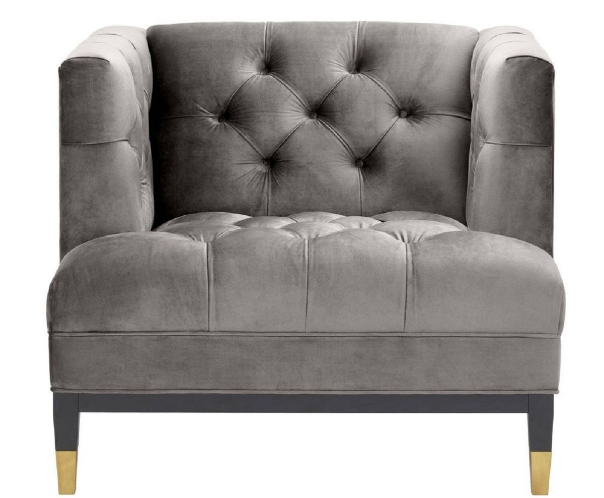 Luxus Wohnzimmer Sessel Grau / Schwarz / Messingfarben 93 x 85 x H. 79 cm - Chesterfield Möbel
