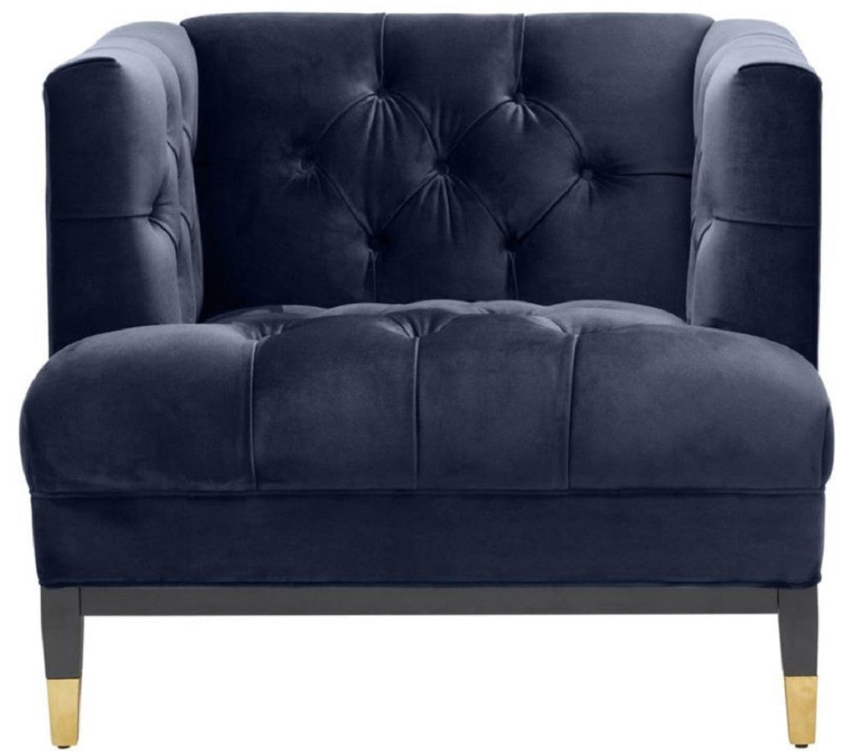 Luxus Wohnzimmer Sessel Mitternachtsblau / Schwarz / Messingfarben 93 x 85 x H. 79 cm - Chesterfield Möbel