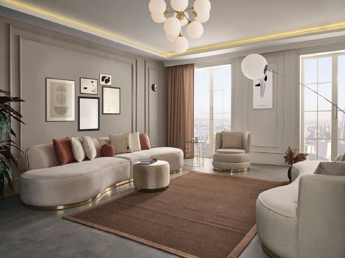 Luxus Wohnzimmer Set Creme / Gold - 2 Luxus Sofas & 1 Luxus Drehsessel & 1 Luxus Hocker - Wohnzimmer Möbel - Luxus Möbel - Luxus Einrichtung - Wohnzimmer Einrichtung