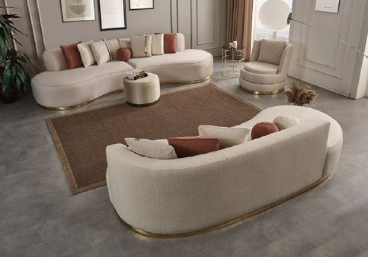 Luxus Wohnzimmer Set Creme / Gold - 2 Luxus Sofas & 1 Luxus Drehsessel & 1 Luxus Hocker - Wohnzimmer Möbel - Luxus Möbel - Luxus Einrichtung - Wohnzimmer Einrichtung