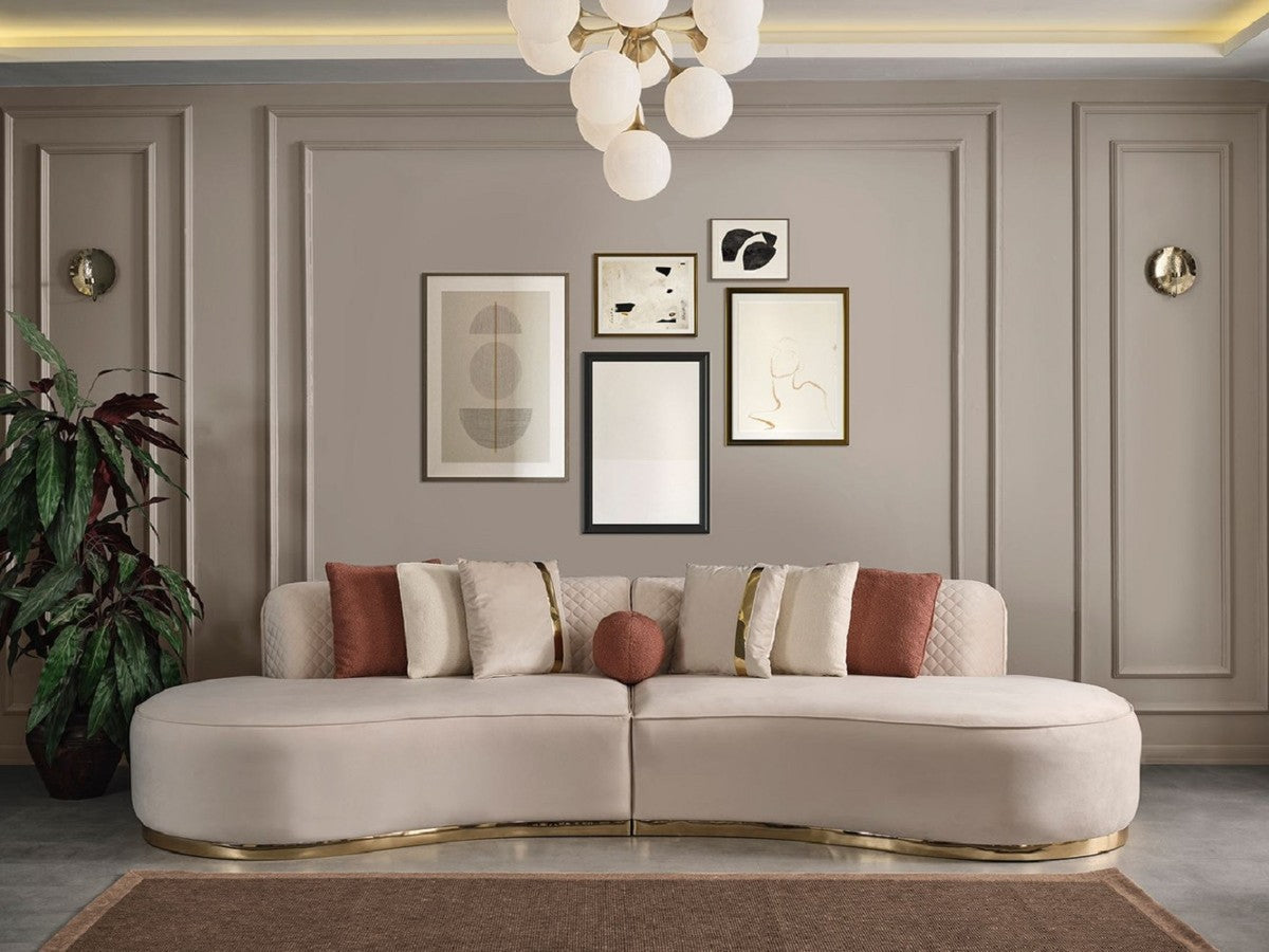 Luxus Wohnzimmer Set Creme / Gold - 2 Luxus Sofas & 1 Luxus Drehsessel & 1 Luxus Hocker - Wohnzimmer Möbel - Luxus Möbel - Luxus Einrichtung - Wohnzimmer Einrichtung