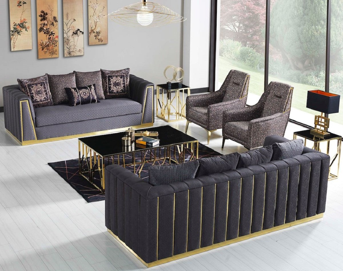 Luxus Wohnzimmer Set Lila / Gold - 2 Sofas & 2 Sessel & 1 Couchtisch - Moderne Wohnzimmer Möbel - Luxus Qualität