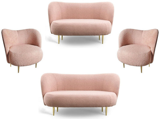 Luxus Wohnzimmer Set Rosa / Gold - 2 Luxus Sofas mit gebogener Rückenlehne & 2 Luxus Sessel mit gebogener Rückenlehne - Luxus Möbel - Wohnzimmer Möbel - Luxus Einrichtung