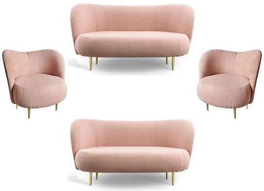 Luxus Wohnzimmer Set Rosa / Gold - 2 Luxus Sofas mit gebogener Rückenlehne & 2 Luxus Sessel mit gebogener Rückenlehne - Luxus Einrichtung - Wohnzimmer Möbel - Luxus Möbel
