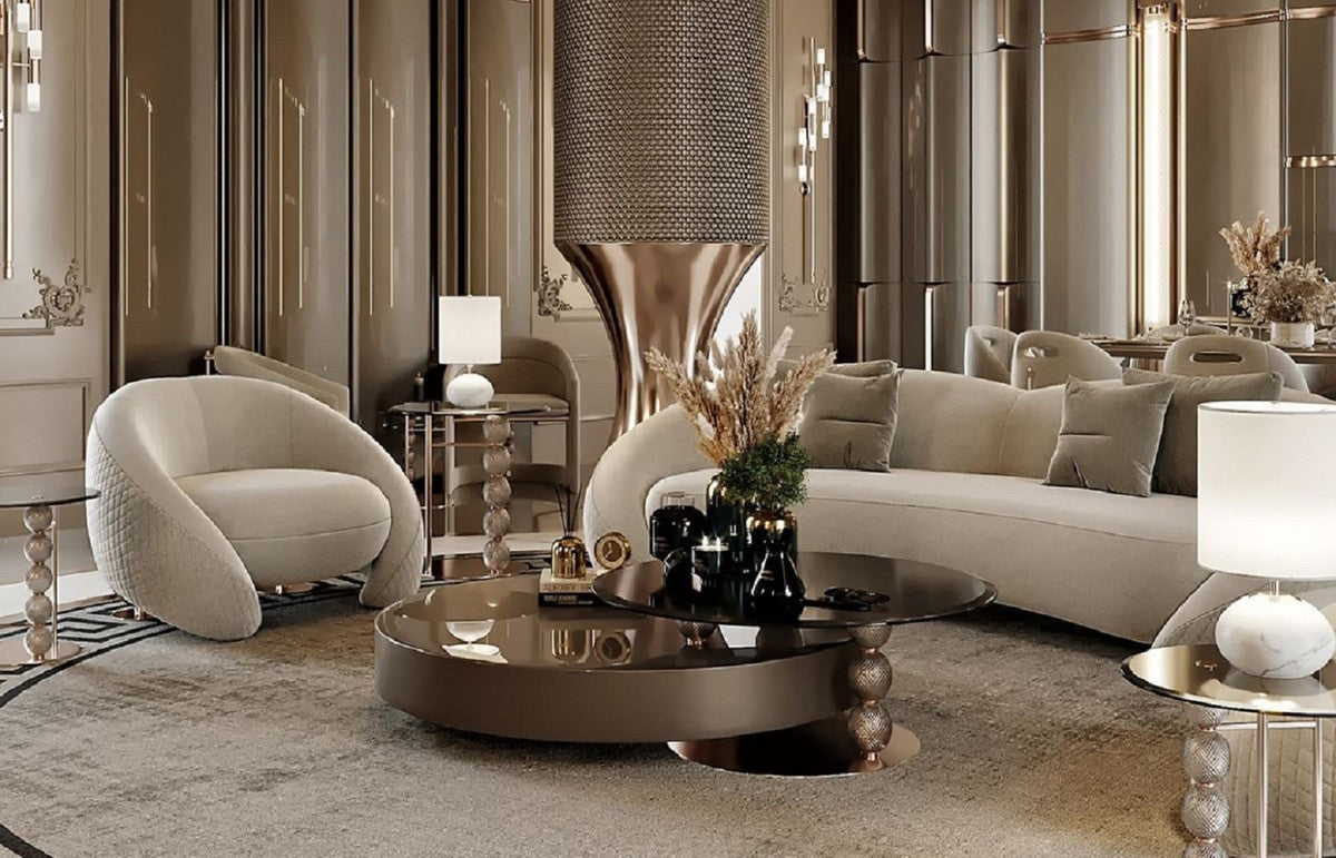 Luxus Wohnzimmer Set Hellgrau / Kupfer / Schwarz - 2 Luxus Sofas & 2 Luxus Sessel & 1 Luxus Couchtisch & 2 Luxus Beistelltische - Wohnzimmer Möbel - Luxus Möbel