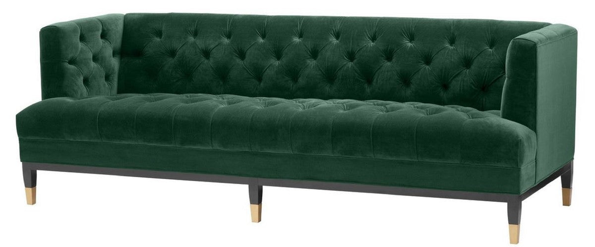 Luxus Wohnzimmer Sofa Grün / Schwarz / Messingfarben 230 x 85 x H. 79 cm - Chesterfield Samtsofa