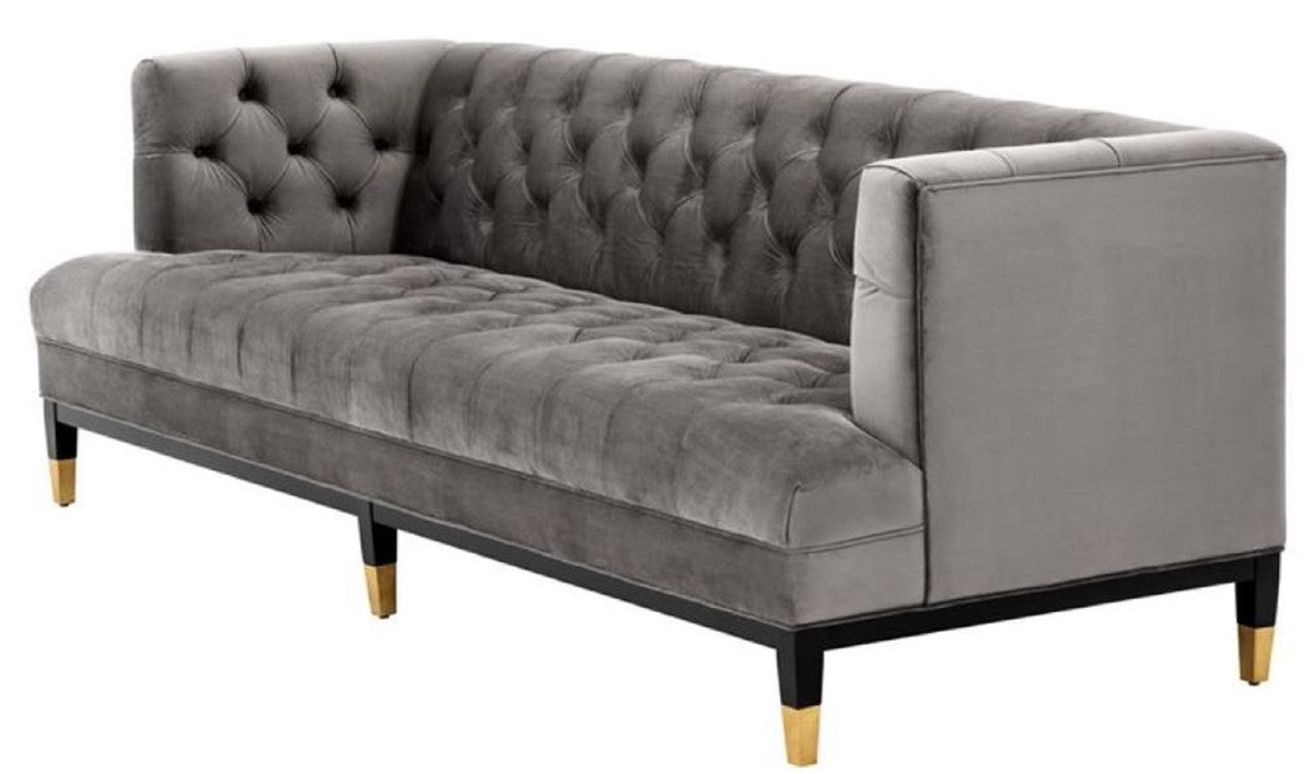 Luxus Wohnzimmer Sofa Grau / Schwarz / Messingfarben 230 x 85 x H. 79 cm - Chesterfield Samtsofa