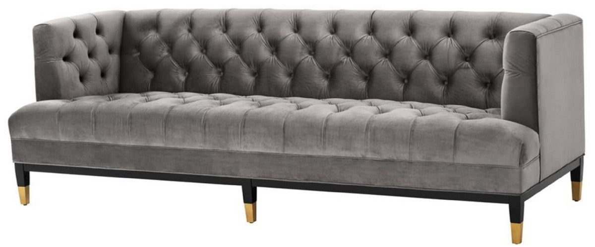 Luxus Wohnzimmer Sofa Grau / Schwarz / Messingfarben 230 x 85 x H. 79 cm - Chesterfield Samtsofa