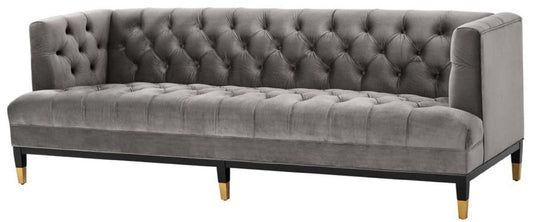 Luxus Wohnzimmer Sofa Grau / Schwarz / Messingfarben 230 x 85 x H. 79 cm - Chesterfield Samtsofa