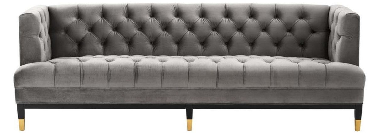 Luxus Wohnzimmer Sofa Grau / Schwarz / Messingfarben 230 x 85 x H. 79 cm - Chesterfield Samtsofa