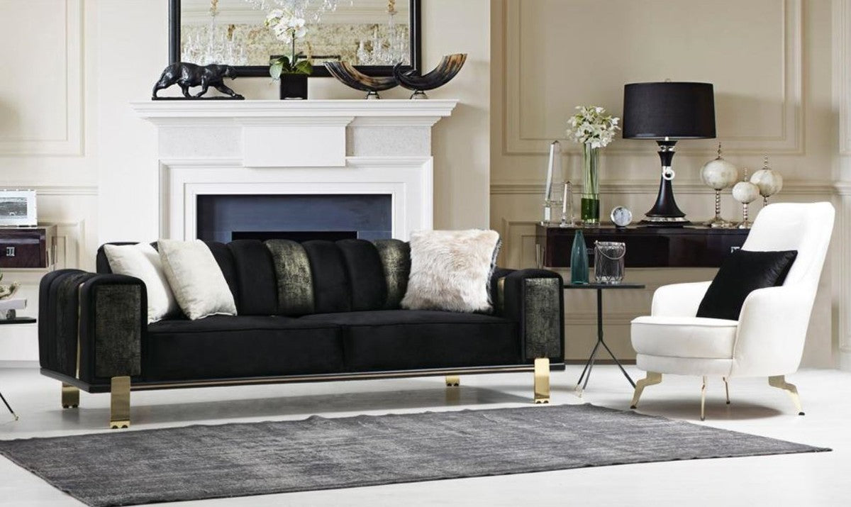 Luxus Wohnzimmer Sofa mit verstellbarer Rückenlehne Schwarz / Gold 223 x 93 x H. 76 cm - Wohnzimmer Möbel - Luxus Möbel