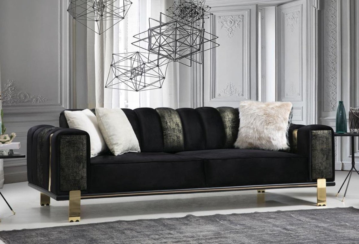 Luxus Wohnzimmer Sofa mit verstellbarer Rückenlehne Schwarz / Gold 223 x 93 x H. 76 cm - Wohnzimmer Möbel - Luxus Möbel