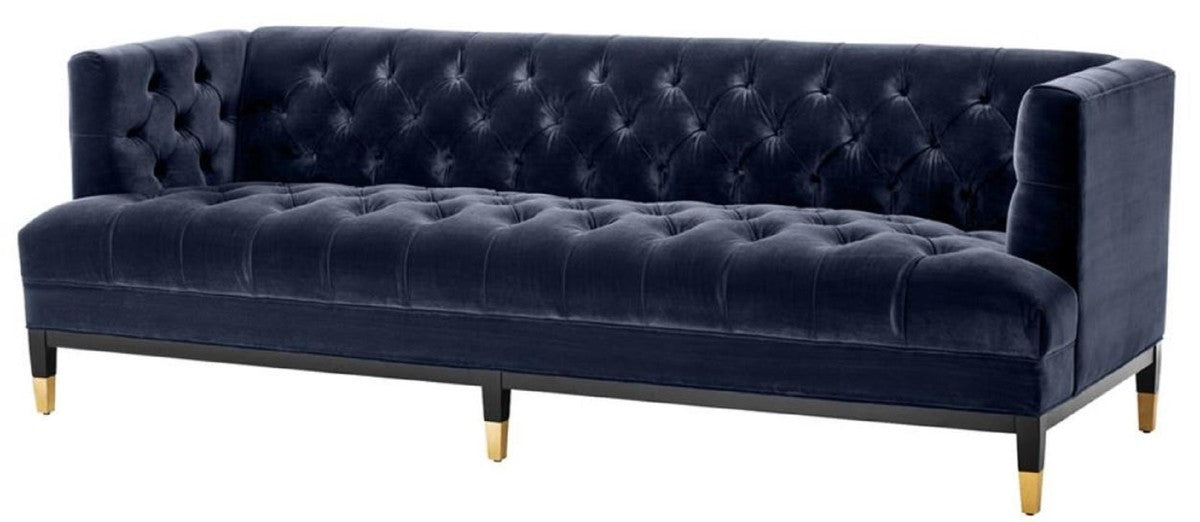 Luxus Wohnzimmer Sofa Mitternachtsblau / Schwarz / Messingfarben 230 x 85 x H. 79 cm - Chesterfield Samtsofa