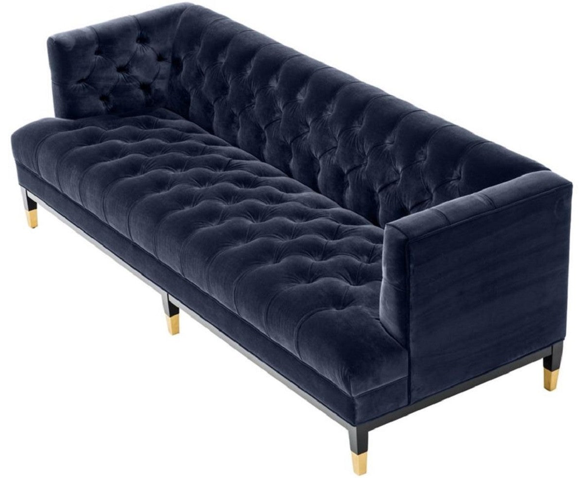 Luxus Wohnzimmer Sofa Mitternachtsblau / Schwarz / Messingfarben 230 x 85 x H. 79 cm - Chesterfield Samtsofa