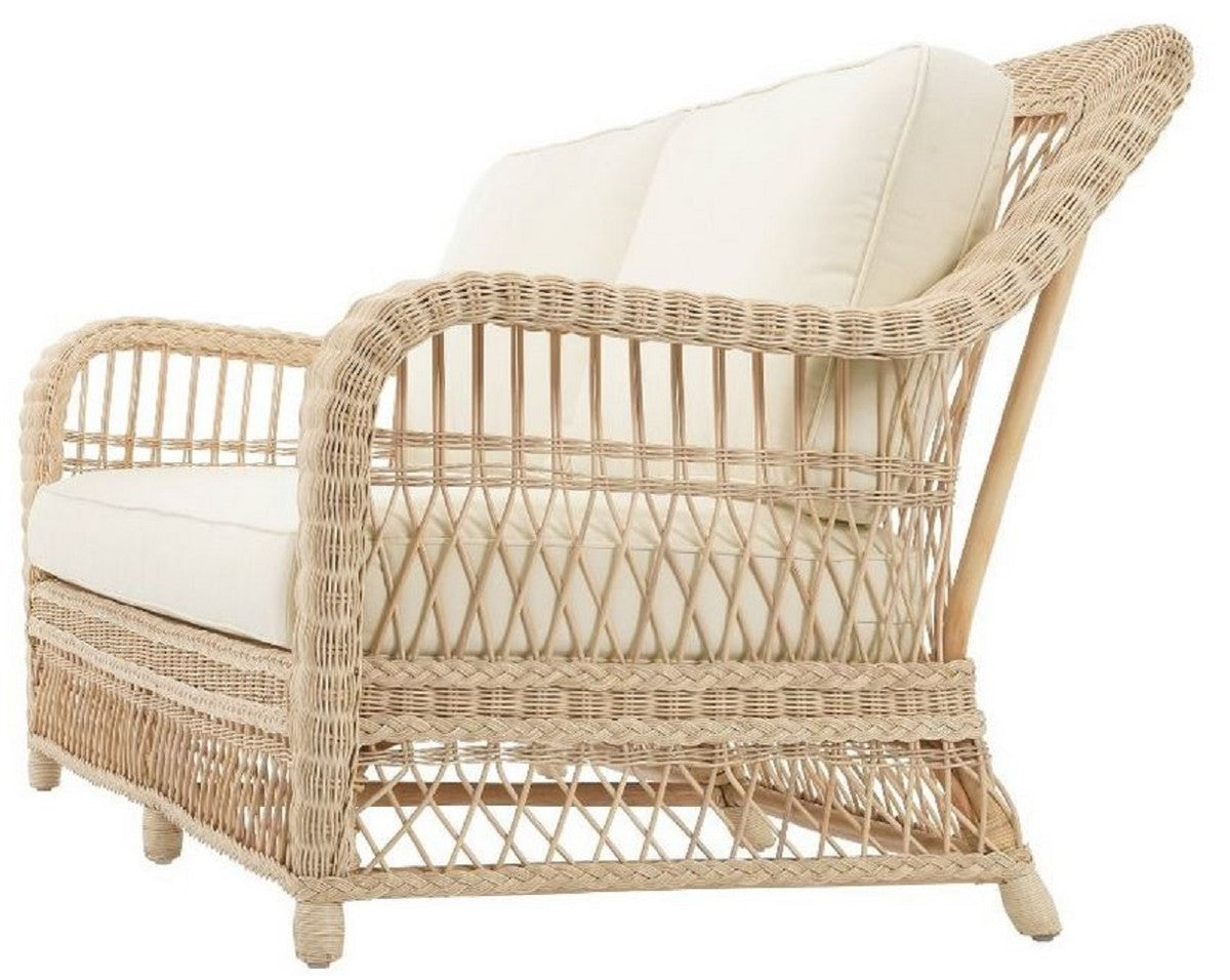 Luxus Wohnzimmer Sofa mit Kissen Naturfarben / Cremefarben 202 x 99 x H. 97 cm - Gepolsterte Couch mit handgewebtem Rattangeflecht