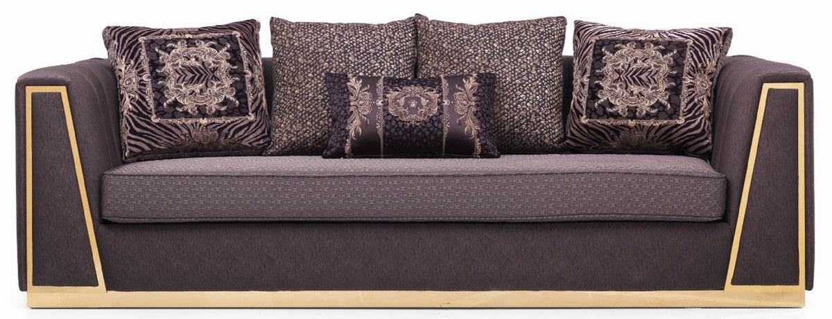 Luxus Wohnzimmer Sofa mit dekorativen Kissen Lila / Gold 240 x 92 x H. 78 cm - Luxus Wohnzimmer Möbel