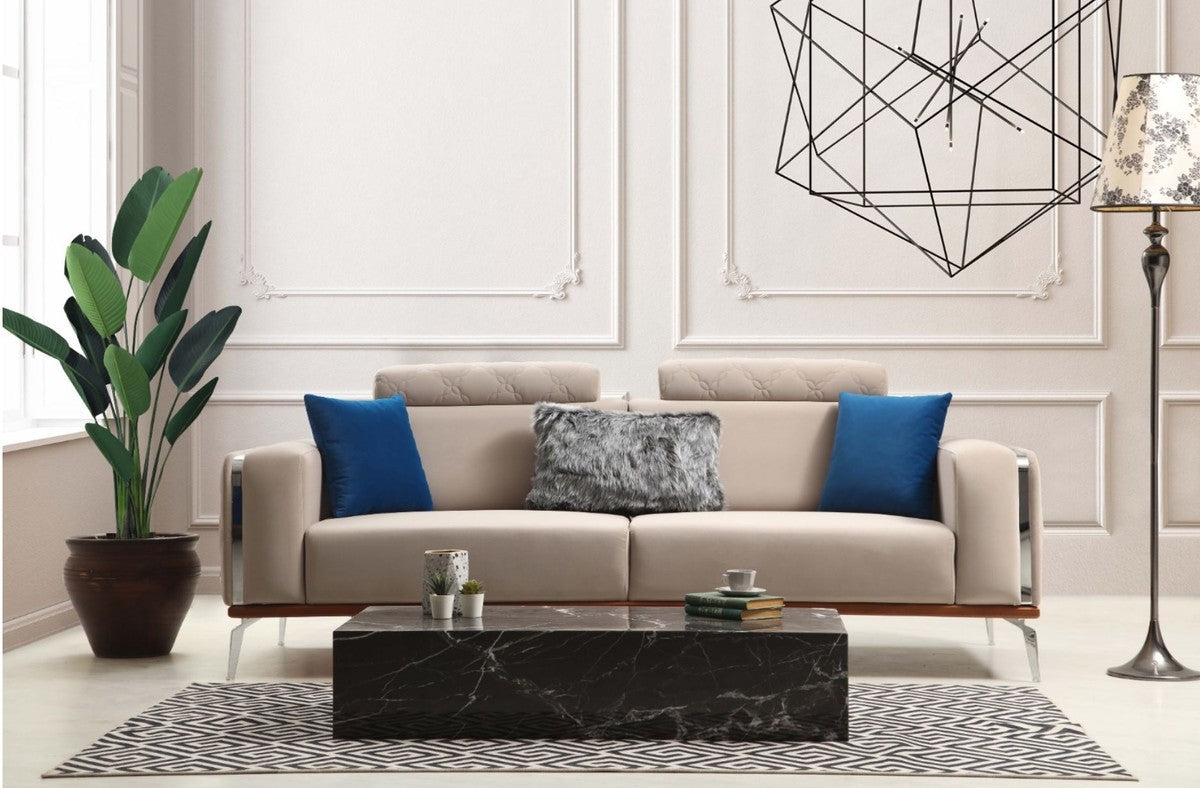 Luxus Wohnzimmer Sofa mit verstellbarer Rückenlehne Beige / Braun / Silber 225 x 95 x H. 89 cm - Luxus Wohnzimmer Möbel