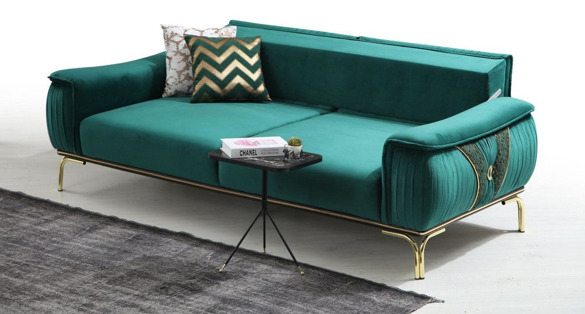 Luxus Wohnzimmer Sofa mit verstellbarer Rückenlehne Grün / Gold 223 x 93 x H. 78 cm - Luxus Wohnzimmer Möbel