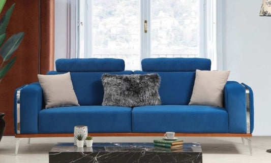 Luxus Wohnzimmer Sofa mit verstellbarer Rückenlehne Blau / Braun / Silber 225 x 95 x H. 89 cm - Luxus Wohnzimmer Möbel
