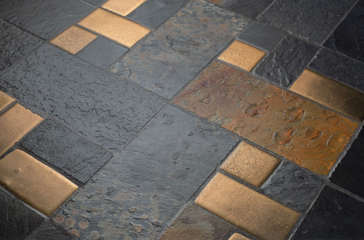 Luxus Wohnzimmertisch Mehrfarbig / Schwarz Ø 50 x H. 53 cm - Runder Couchtisch mit Schieferplatten & Keramik Fliesen