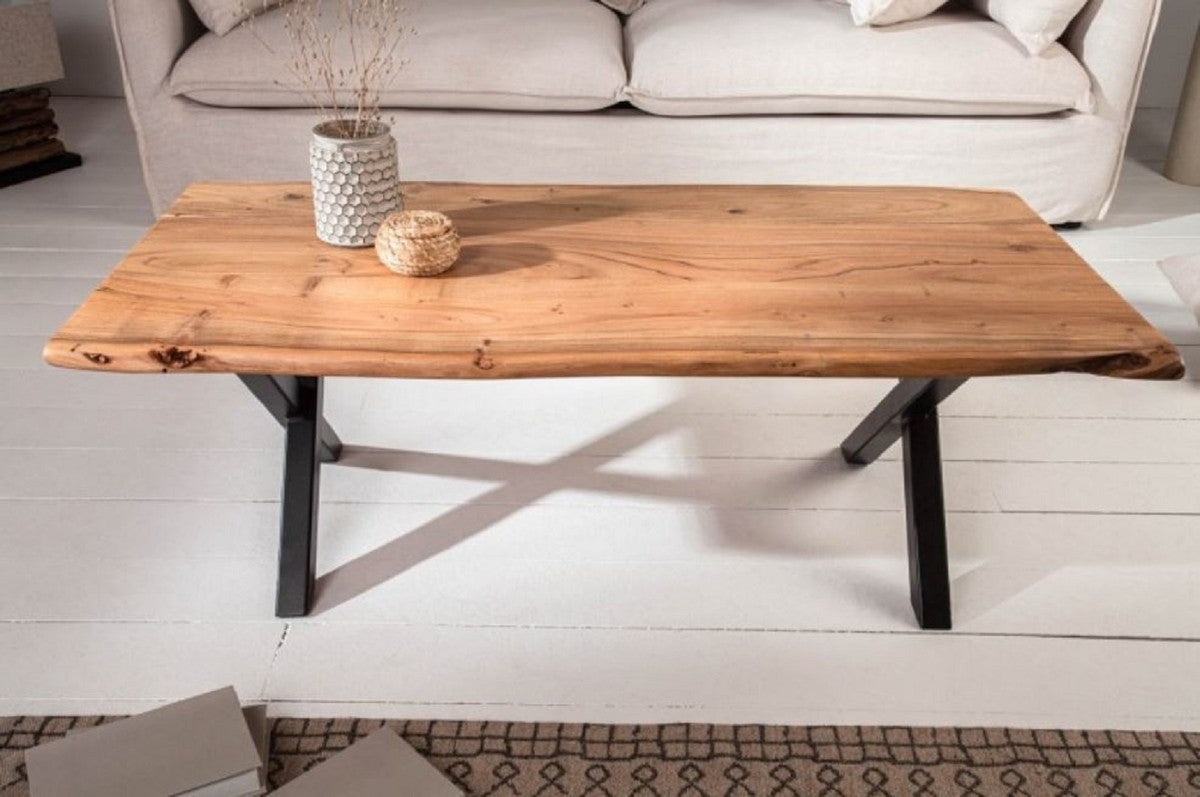 Massivholz Couchtisch mit Metallbeinen Naturfarben / Schwarz 118 x 60 x H. 40 cm - Rechteckiger Wohnzimmertisch - Massivholz Wohnzimmer Möbel