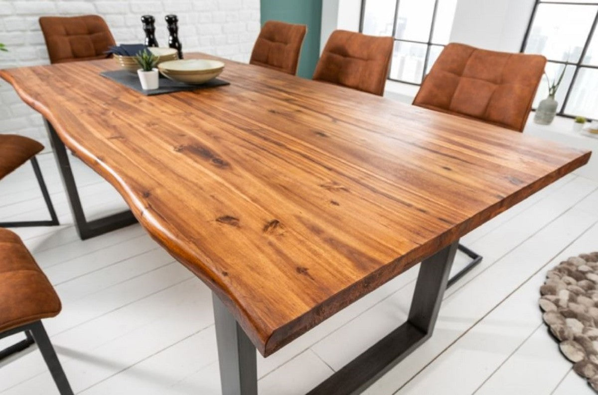 Massivholz Esstisch Braun / Grau 200 x 100 x H. 76,5 cm - Moderner Küchentisch mit massiver Akazienholz Tischplatte und Metall Beinen - Massivholz Esszimmer Möbel
