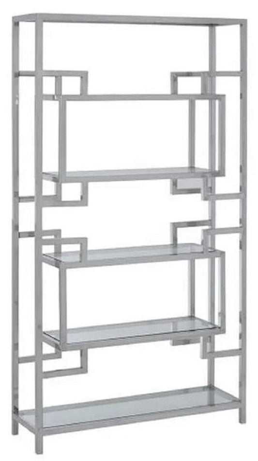 Regalschrank mit Glasregalen Silber 100 x 30 x H. 180 cm - Bücherschrank - Wohnzimmer Schrank - Büro Schrank - Wohnzimmer Möbel - Büro Möbel - Luxus Möbel