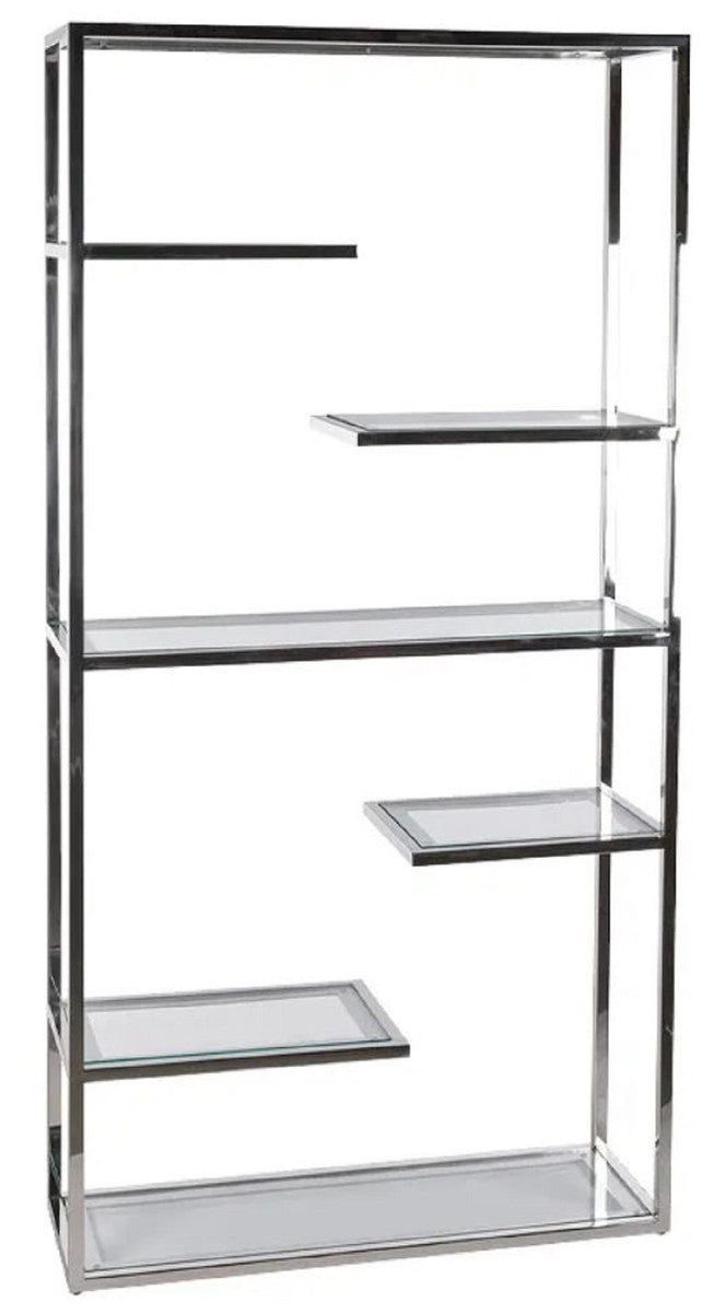 Regalschrank mit Glasregalen Silber 110 x 36 x H. 220 cm - Bücherschrank - Wohnzimmer Schrank - Büro Schrank - Wohnzimmer Möbel - Büro Möbel - Luxus Möbel