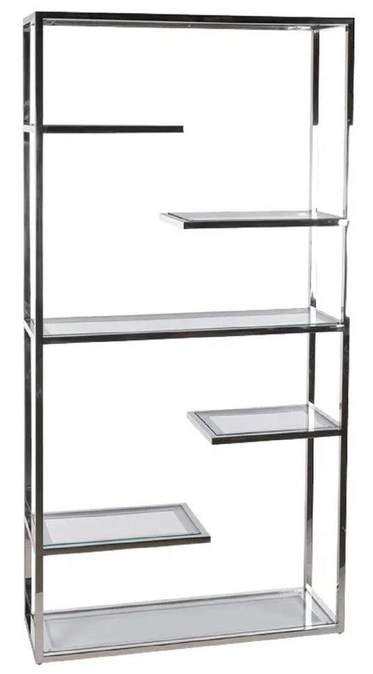Regalschrank mit Glasregalen Silber 110 x 36 x H. 220 cm - Bücherschrank - Wohnzimmer Schrank - Büro Schrank - Wohnzimmer Möbel - Büro Möbel - Luxus Möbel