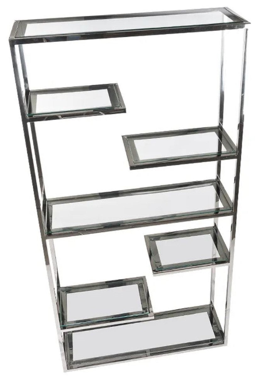 Regalschrank mit Glasregalen Silber 110 x 36 x H. 220 cm - Bücherschrank - Wohnzimmer Schrank - Büro Schrank - Wohnzimmer Möbel - Büro Möbel - Luxus Möbel