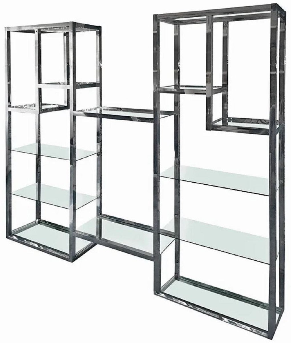 Regalschrank mit Glasregalen Silber 220 x 40 x H. 220 cm - Bücherschrank - Wohnzimmer Schrank - Büro Schrank - Wohnzimmer Möbel - Büro Möbel - Luxus Möbel