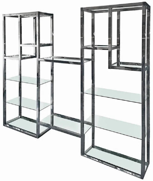Regalschrank mit Glasregalen Silber 220 x 40 x H. 220 cm - Bücherschrank - Wohnzimmer Schrank - Büro Schrank - Wohnzimmer Möbel - Büro Möbel - Luxus Möbel