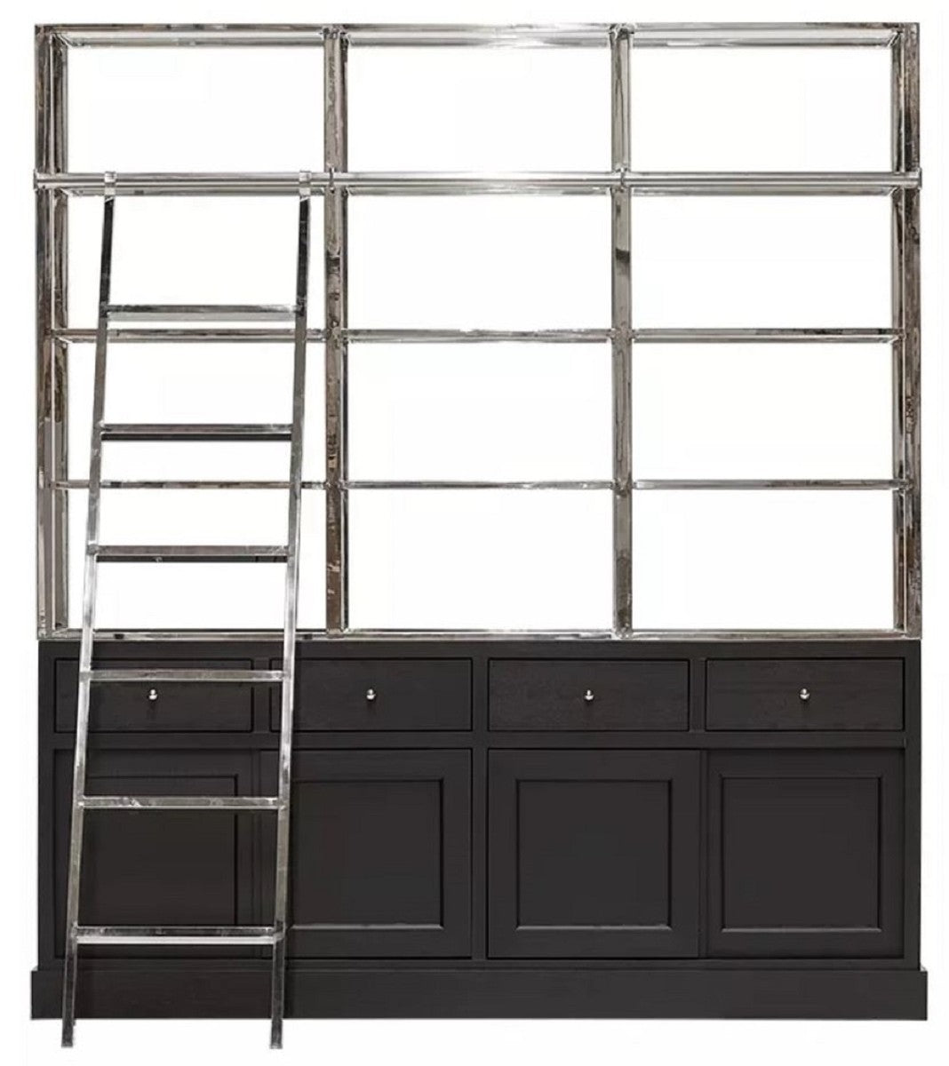 Regalschrank mit Leiter Schwarz / Silber 219 x 43 x H. 240 cm - Bücherschrank - Wohnzimmer Schrank - Büro Schrank - Wohnzimmer Möbel - Büro Möbel - Luxus Möbel
