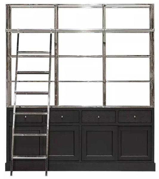 Regalschrank mit Leiter Schwarz / Silber 219 x 43 x H. 240 cm - Bücherschrank - Wohnzimmer Schrank - Büro Schrank - Wohnzimmer Möbel - Büro Möbel - Luxus Möbel