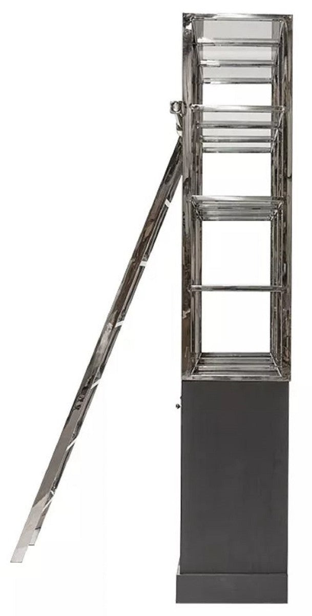 Regalschrank mit Leiter Schwarz / Silber 219 x 43 x H. 240 cm - Bücherschrank - Wohnzimmer Schrank - Büro Schrank - Wohnzimmer Möbel - Büro Möbel - Luxus Möbel