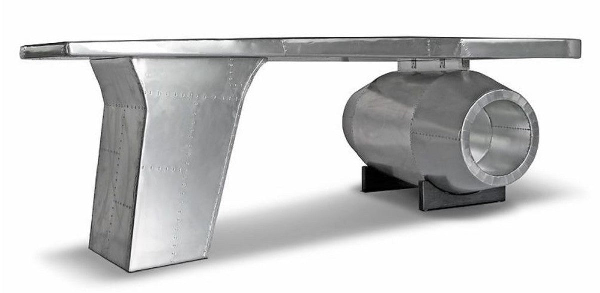 Vintage Flieger Schreibtisch Silber 230 x 120 x H. 80 cm - Aluminium Flugzeug Design Bürotisch - Aluminium Flugzeug Büro Möbel