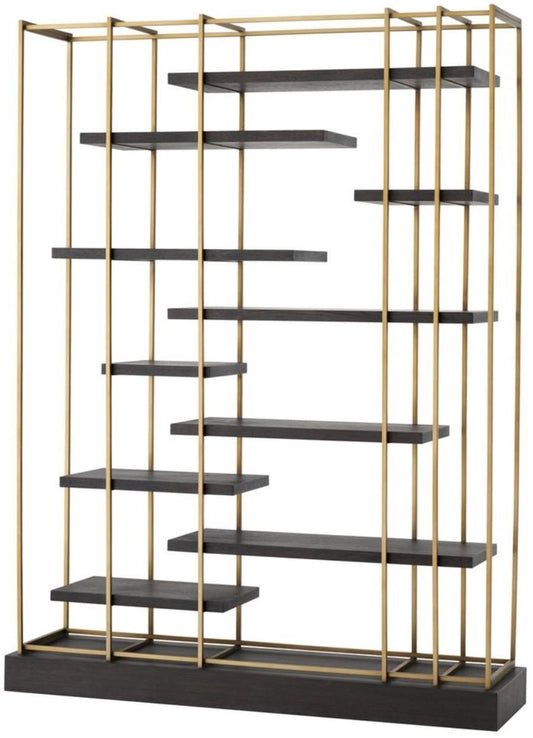 Luxus Wohnzimmer Regalschrank Dunkelgrau / Messing 166 x 45 x H. 222 cm - Wohnzimmerschrank