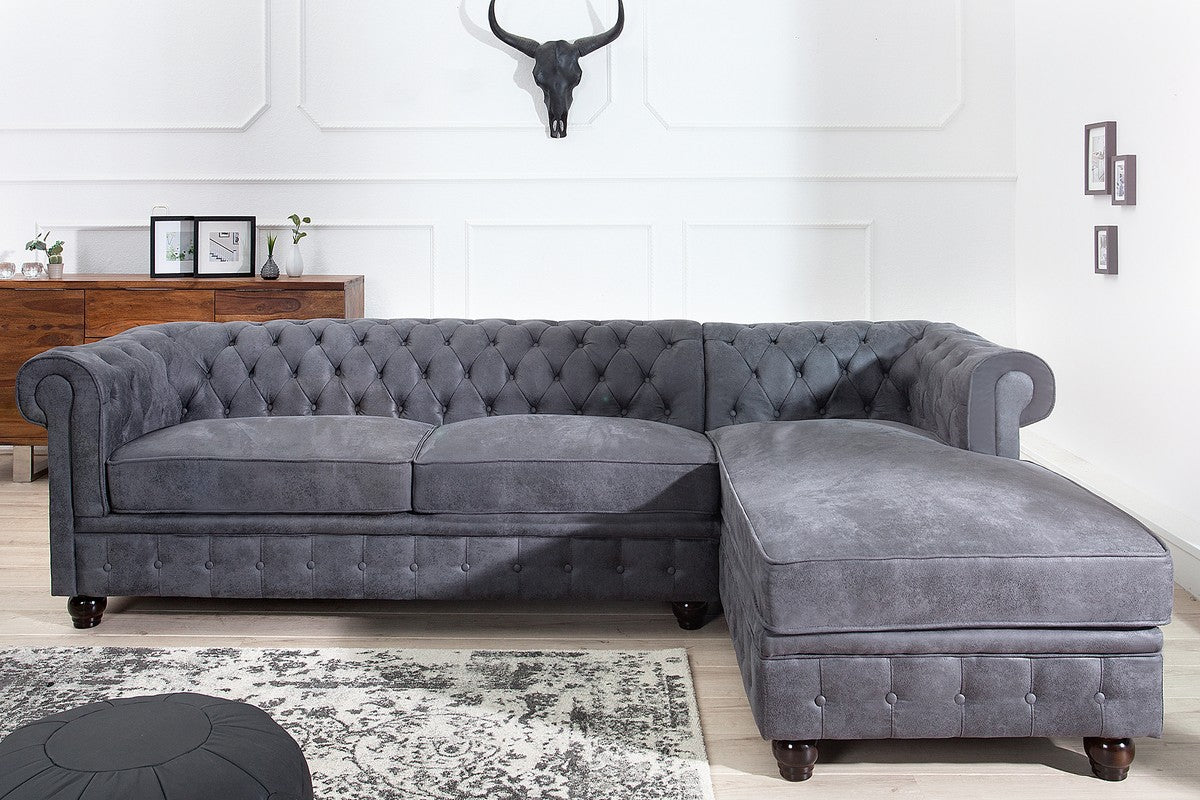 Chesterfield Ecksofa in Antikgrau - Wohnzimmer Möbel - Couch