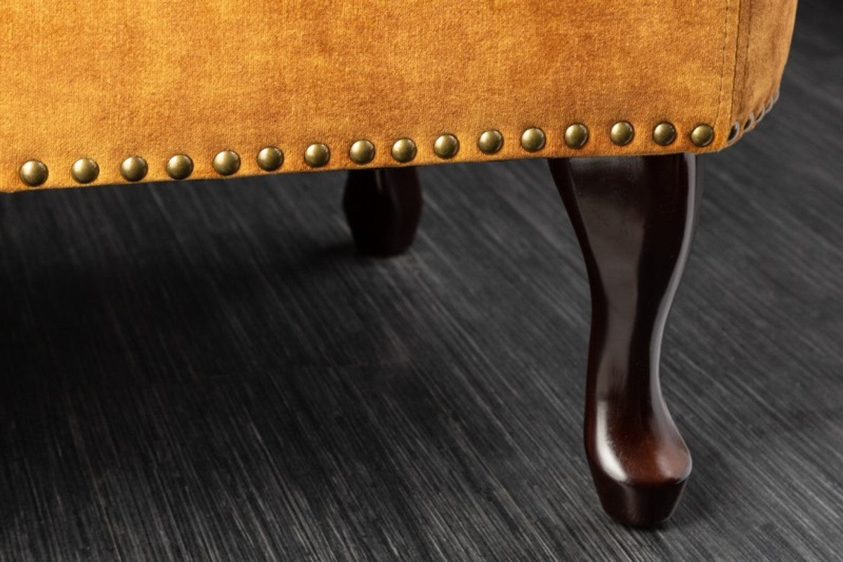 Chesterfield Chaiselongue Samt senfgelb / Dunkelbraun aus dem Hause Casa Padrino