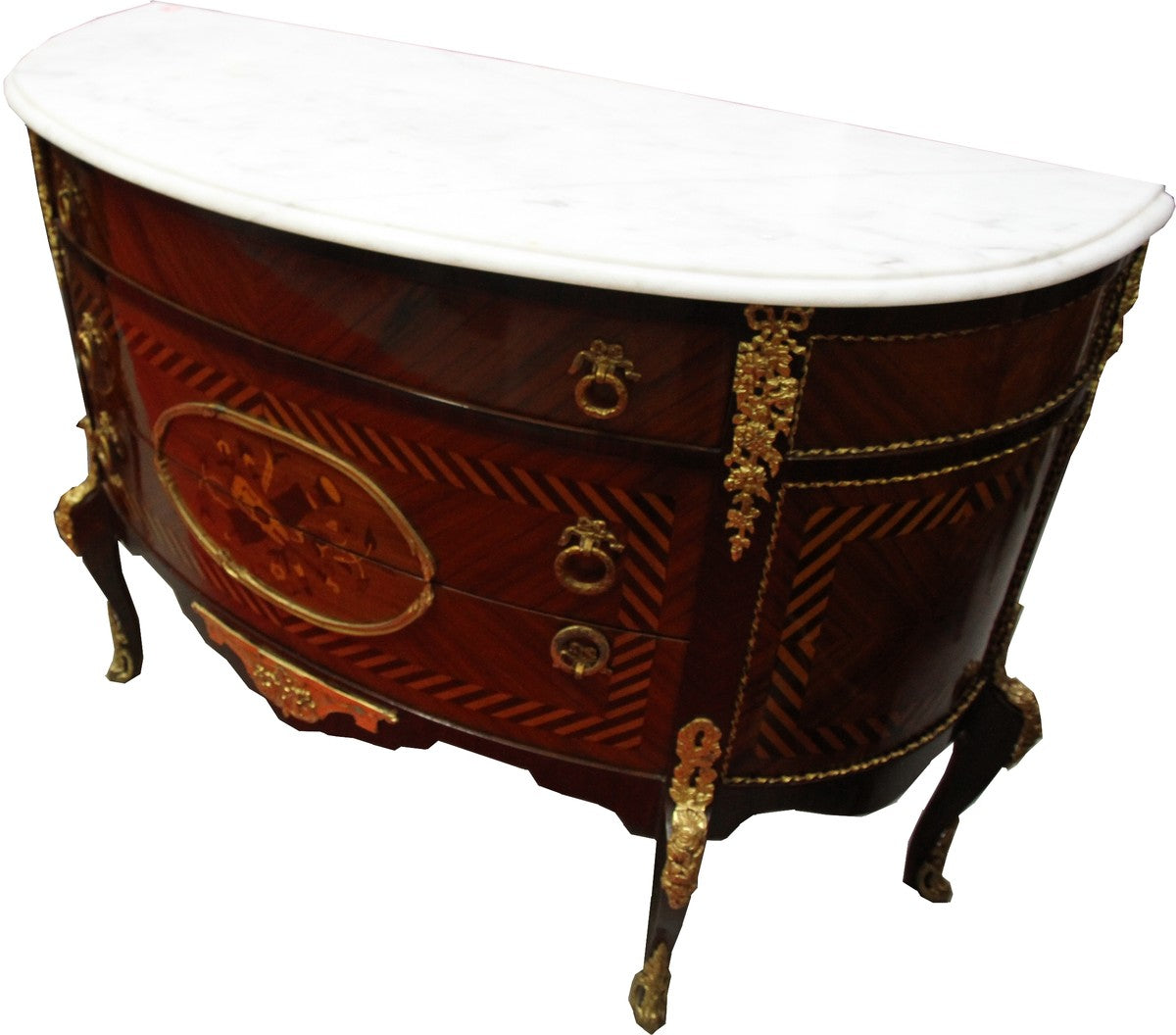 Französische Antik Stil Kommode Intarsien Braun mit weißer Marmorplatte - Barock Möbel