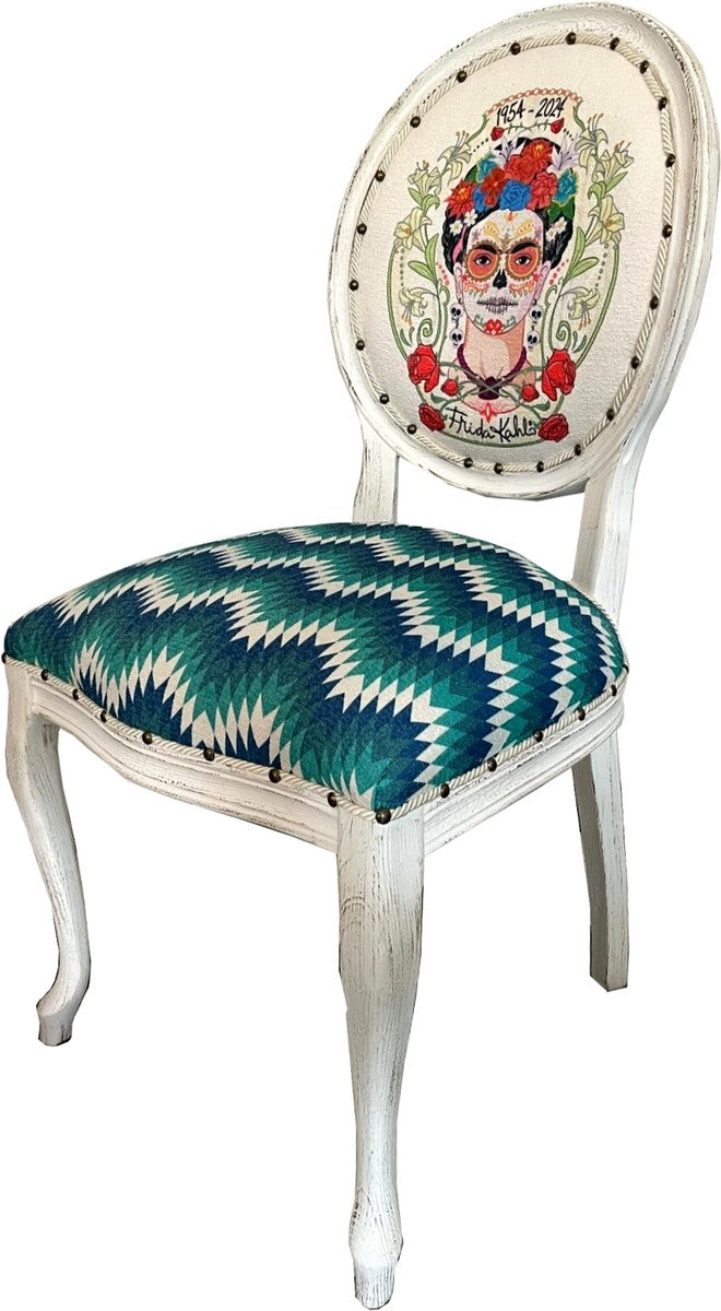 Frida Kahlo by Luxus Barock Esszimmer Stuhl Grün / Weiß / Bunt / Antik Weiß